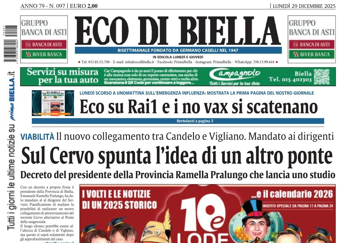 “Sul Cervo spunta l’idea di un altro ponte”: la prima pagina di Eco di Biella in edicola oggi