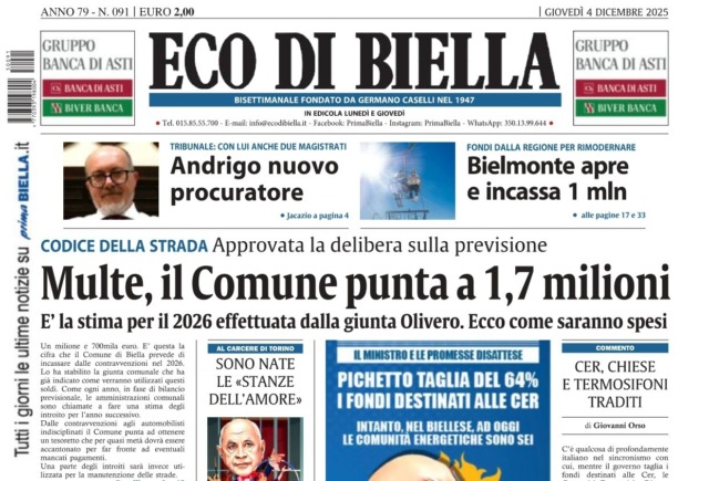 “Multe, il Comune punta a 1,7 milioni”: la prima pagina di Eco di Biella in edicola oggi