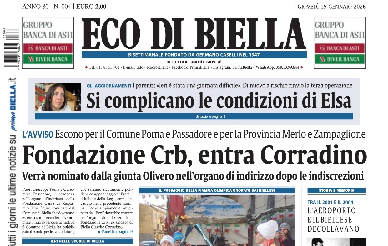 “Fondazione Crb, entra Corradino”: la prima pagina di Eco di Biella in edicola oggi