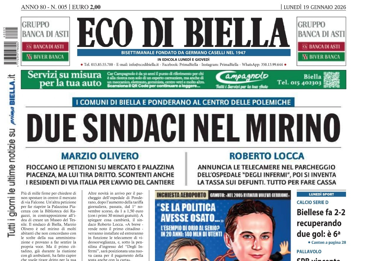 “Due sindaci nel mirino”: la prima pagina di Eco di Biella in edicola oggi