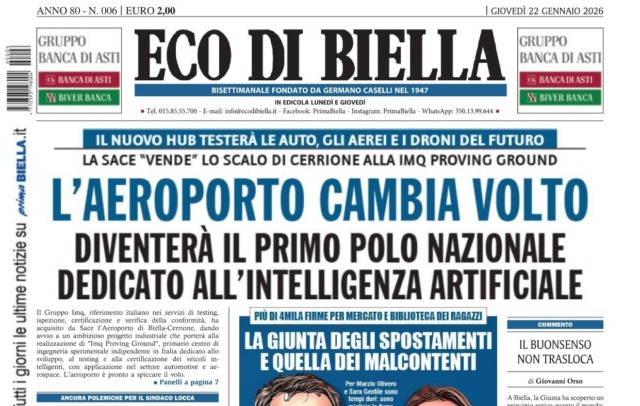 “L’aeroporto cambia volto”: la prima pagina di Eco di Biella in edicola oggi