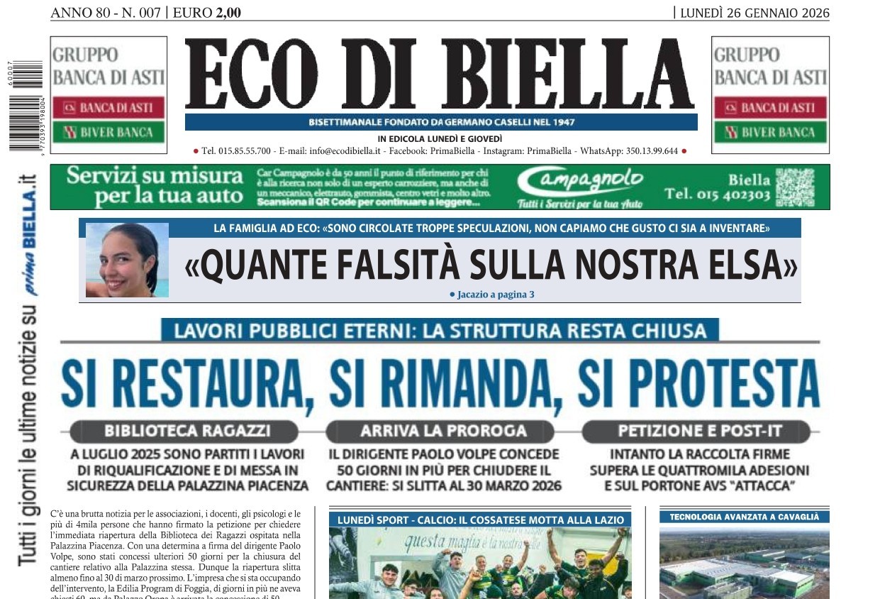 “Si restaura, si rimanda, si protesta”: la prima pagina di Eco di Biella in edicola oggi
