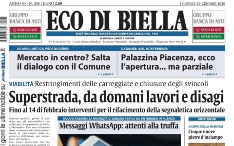 “Superstrada, da domani lavori e disagi”: la prima pagina di Eco di Biella in edicola oggi