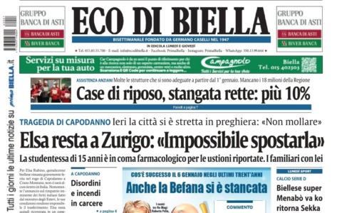 “Elsa resta a Zurigo: ‘Impossibile spostarla’”: la prima pagina di Eco di Biella in edicola oggi