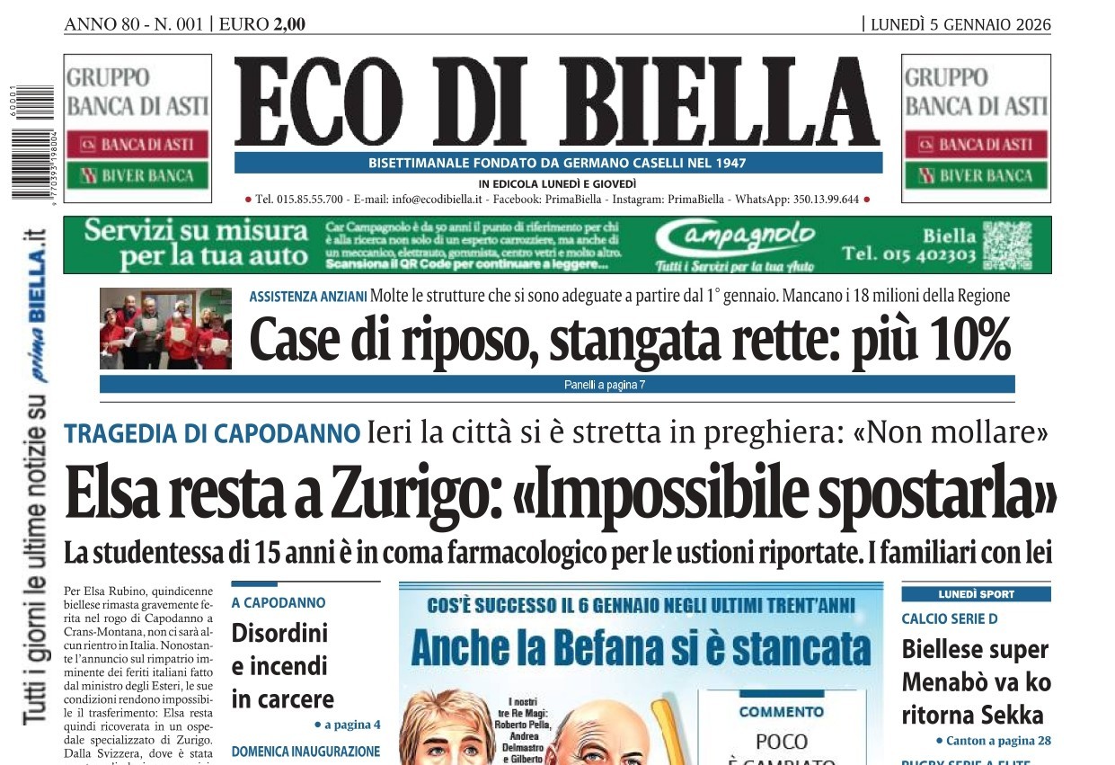 “Elsa resta a Zurigo: ‘Impossibile spostarla’”: la prima pagina di Eco di Biella in edicola oggi