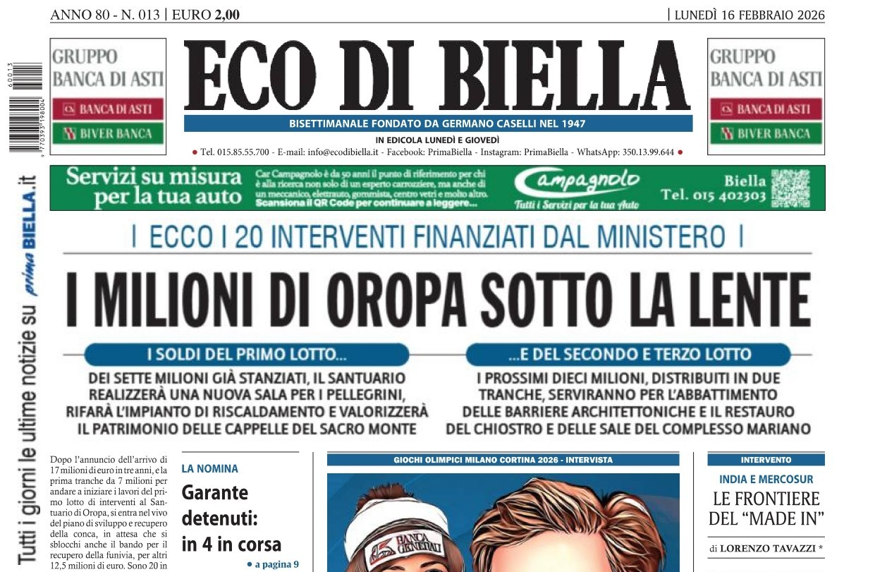 “I milioni di Oropa sotto la lente”: la prima pagina di Eco di Biella in edicola oggi
