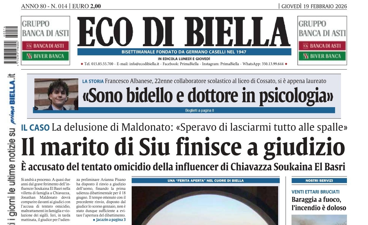 “Il marito di Siu finisce a giudizio”: la prima pagina di Eco di Biella in edicola oggi