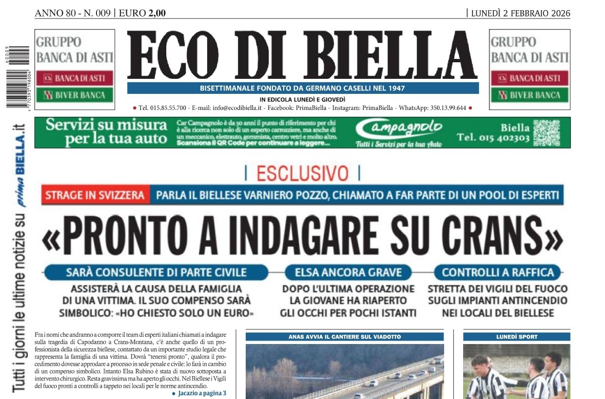 “Pronto a indagare su Crans”: la prima pagina di Eco di Biella in edicola oggi