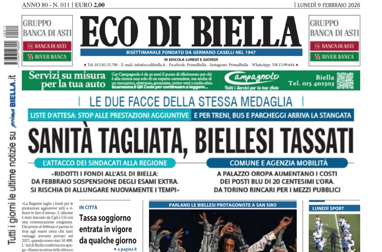 “Sanità tagliata, Biellesi tassati”: la prima pagina di Eco di Biella in edicola oggi