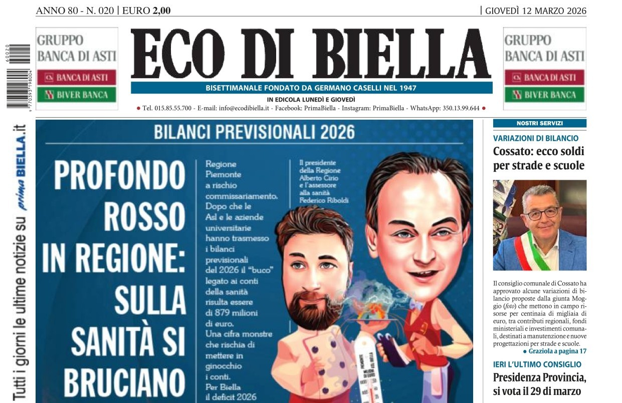 “Profondo rosso in Regione”: la prima pagina di Eco di Biella in edicola oggi