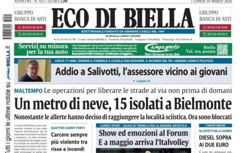 “Un metro di neve, 15 isolati a Bielmonte”: la prima pagina di Eco di Biella in edicola oggi