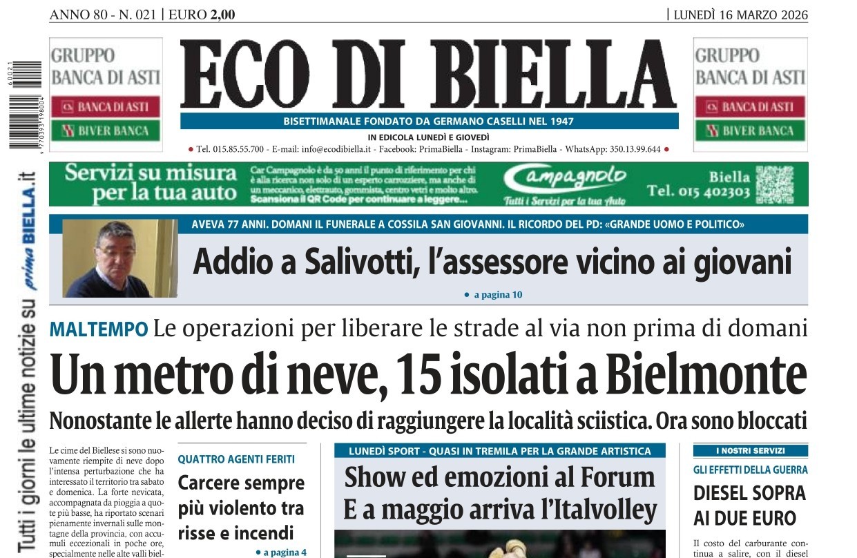 “Un metro di neve, 15 isolati a Bielmonte”: la prima pagina di Eco di Biella in edicola oggi