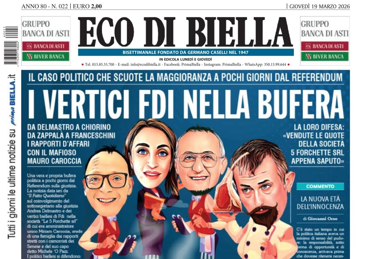 “I vertici Fdi nella bufera”: la prima pagina di Eco di Biella in edicola oggi