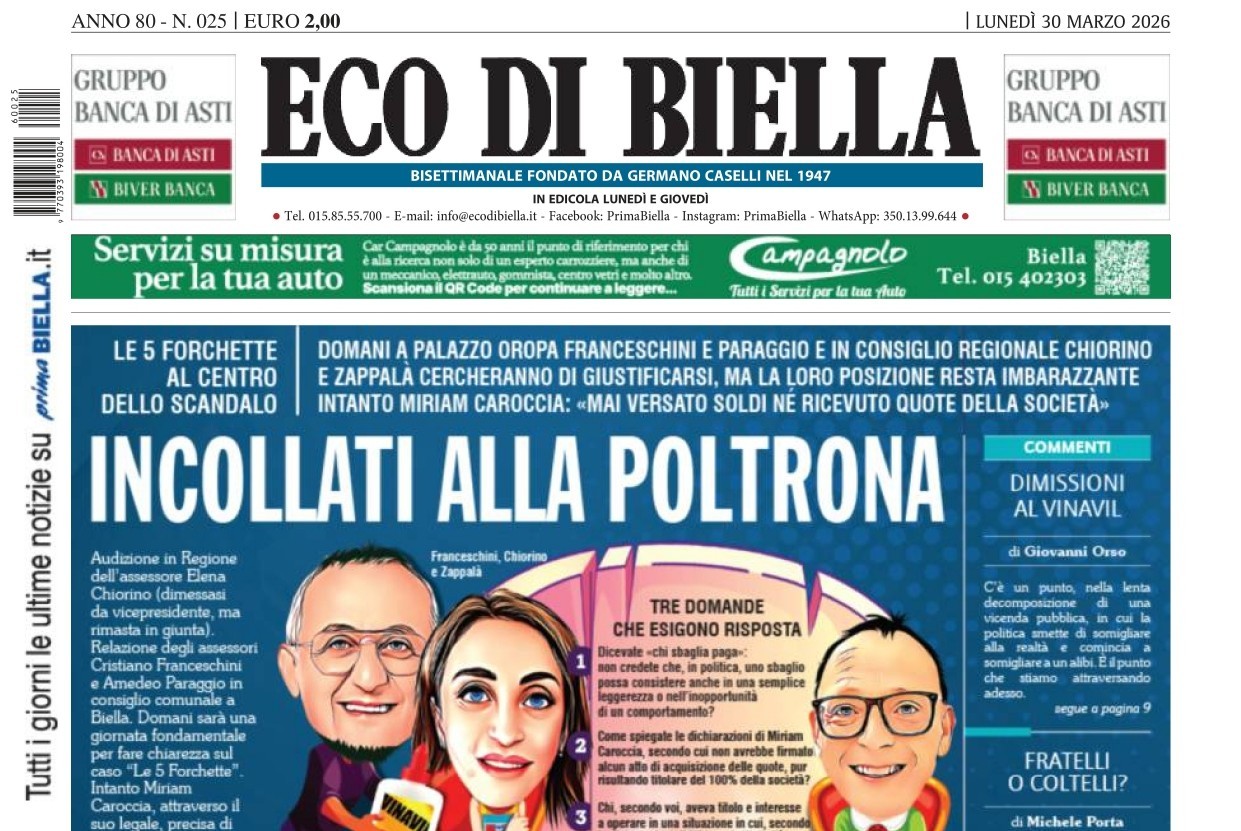“Incollati alla poltrona”: la prina pagina di Eco di Biella in edicola oggi