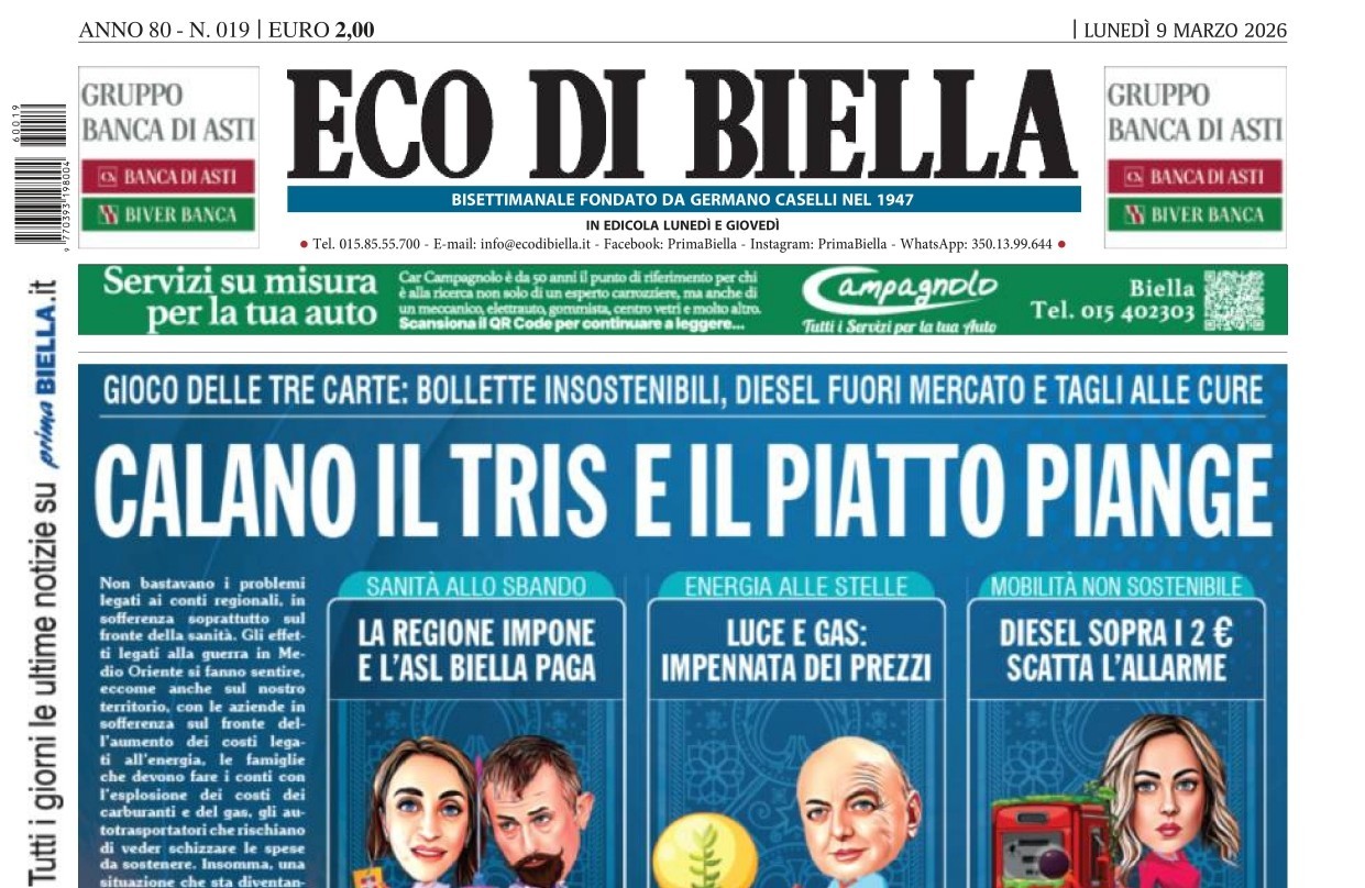 “Calano il tris e il piatto piange”: la prima pagina di Eco di Biella in edicola oggi