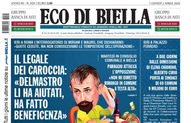 “Delmastro li ha aiutati, ha fatto beneficenza”: la prima pagina di Eco di Biella in edicola oggi