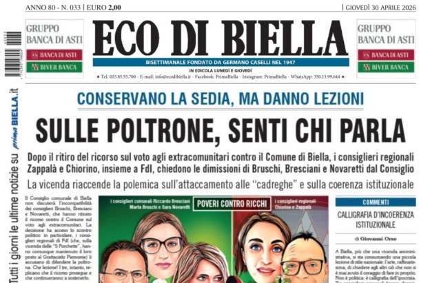 “Sulle poltrone, senti chi parla”: la prima pagina di Eco di Biella in edicola oggi