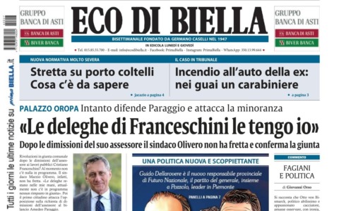 “Le deleghe di Franceschini le tengo io”: la prima pagina di Eco di Biella in edicola oggi