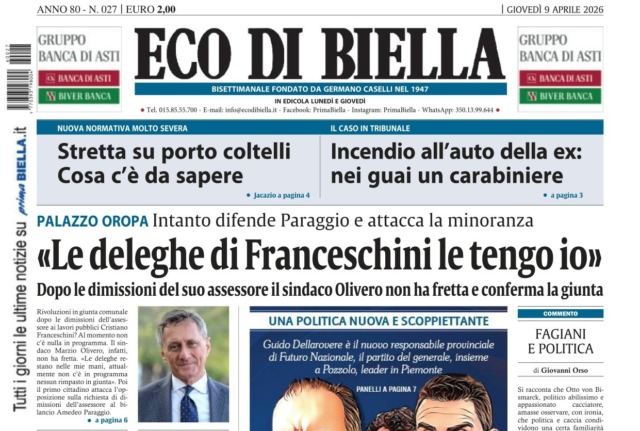 “Le deleghe di Franceschini le tengo io”: la prima pagina di Eco di Biella in edicola oggi