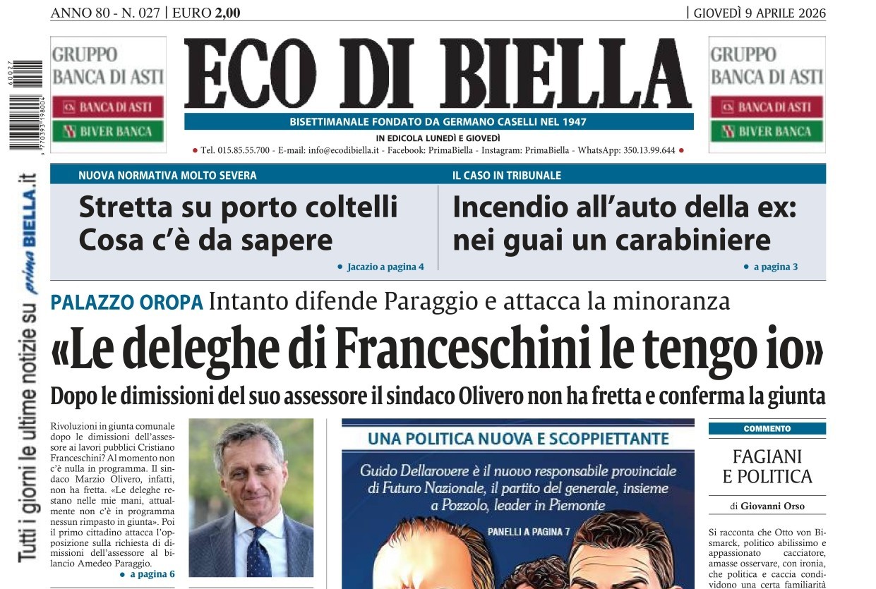 “Le deleghe di Franceschini le tengo io”: la prima pagina di Eco di Biella in edicola oggi