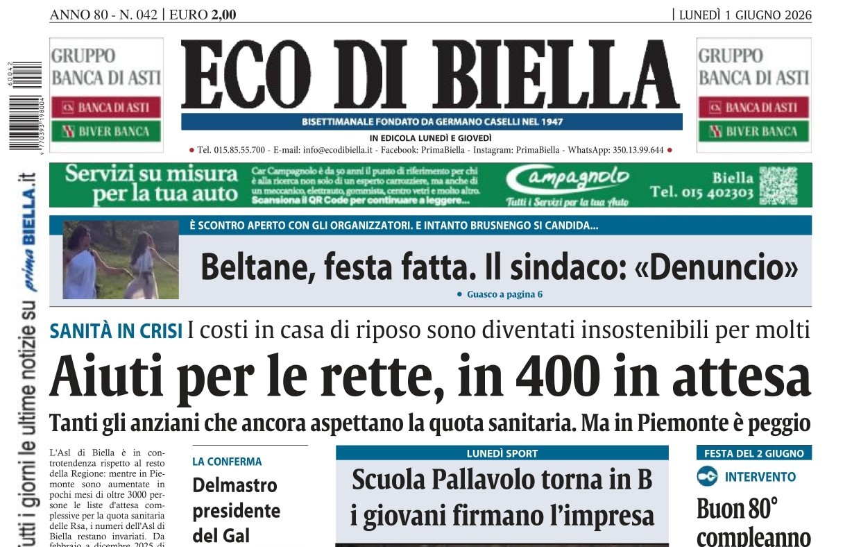 “Aiuti per le rette, in 400 in attesa”: la prima pagina di Eco di Biella in edicola oggi