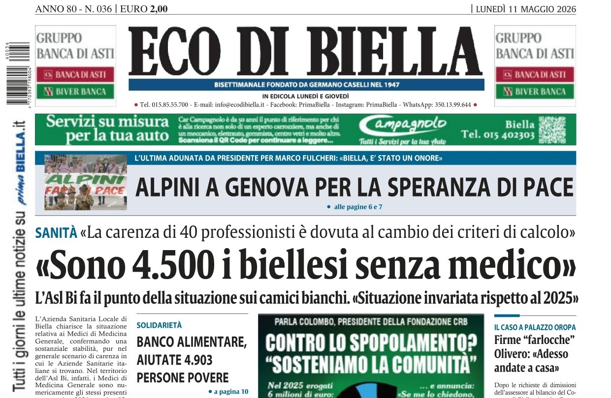 “Sono 4.500 i biellesi senza medico”: la prima pagina di Eco di Biella in edicola oggi