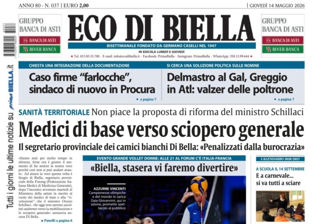 “Medici di base verso sciopero generale”: la prima pagina di Eco di Biella in edicola oggi