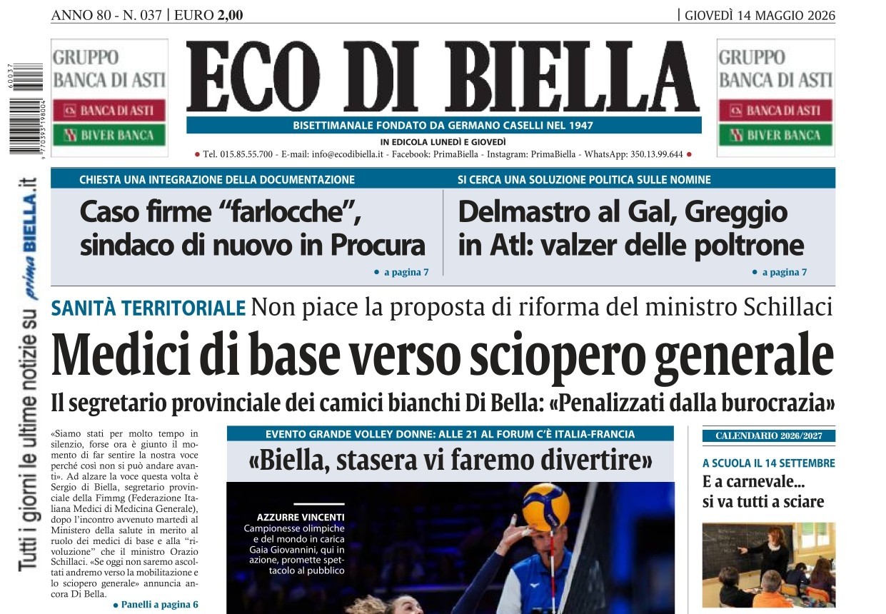 “Medici di base verso sciopero generale”: la prima pagina di Eco di Biella in edicola oggi
