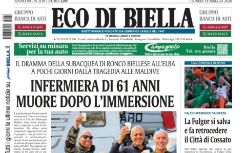 “Infermiera di 61 anni muore dopo immersione”: la prima pagina di Eco di Biella in edicola oggi
