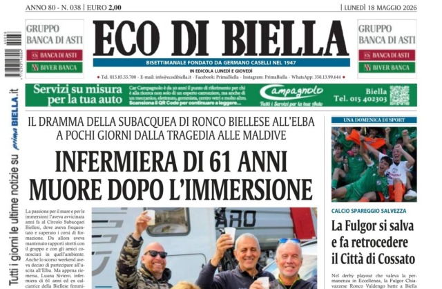 “Infermiera di 61 anni muore dopo immersione”: la prima pagina di Eco di Biella in edicola oggi