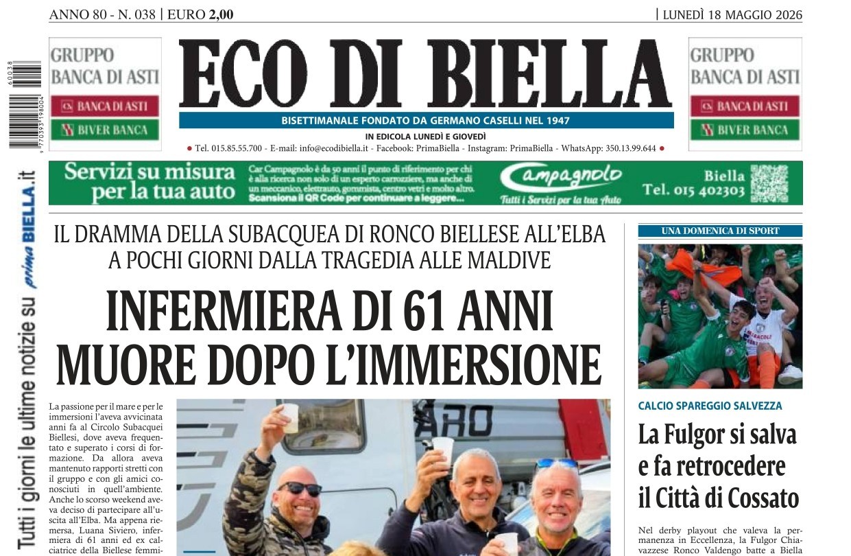 “Infermiera di 61 anni muore dopo immersione”: la prima pagina di Eco di Biella in edicola oggi
