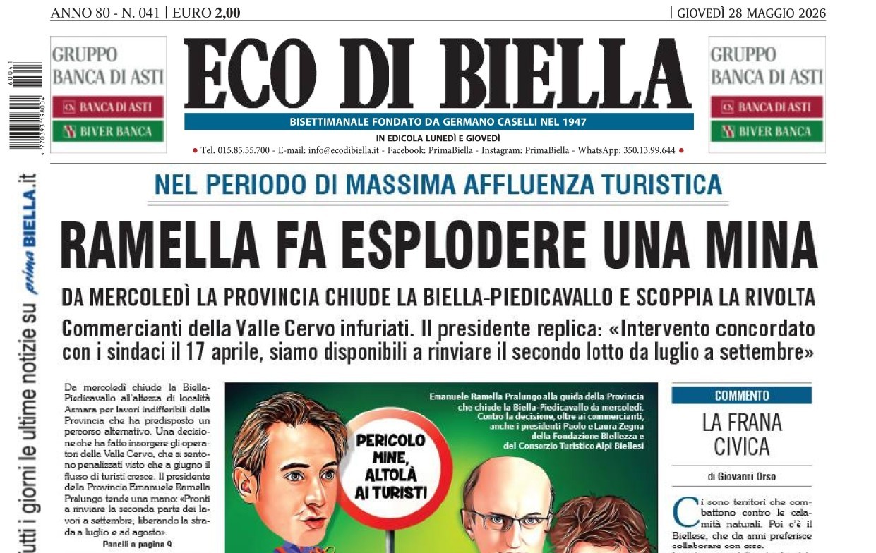 “Ramella fa esplodere una mina”: la prima pagina di Eco di Biella in edicola oggi