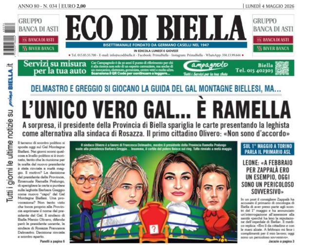 “L’unico vero Gal… è Ramella”: la prima pagina di Eco di Biella in edicola oggi