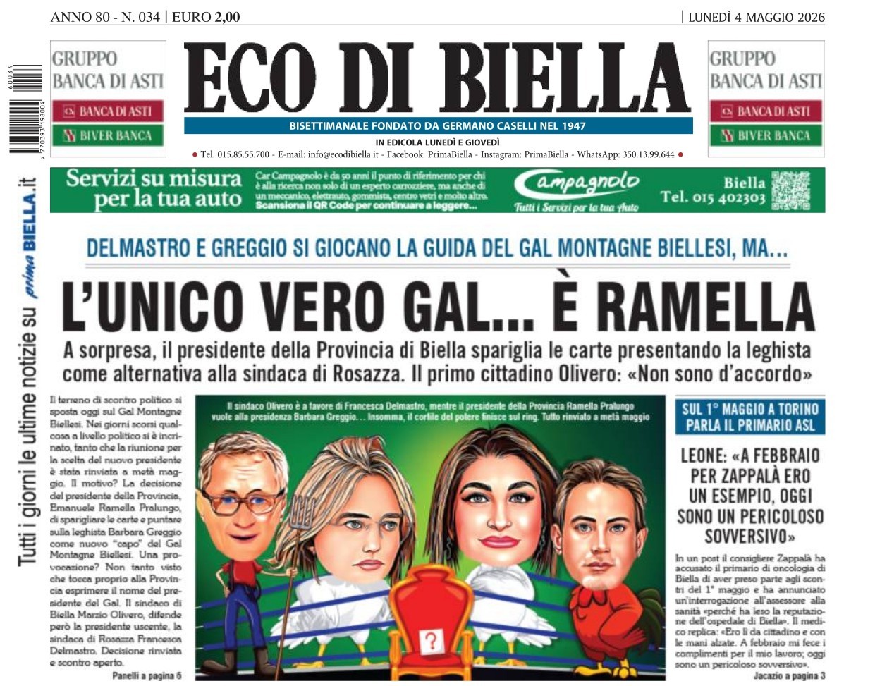 “L’unico vero Gal… è Ramella”: la prima pagina di Eco di Biella in edicola oggi