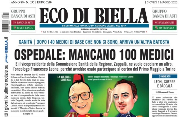 “Ospedale: mancano 100 medici”: la prima pagina di Eco di Biella in edicola oggi
