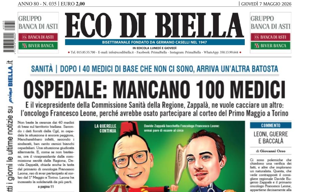 “Ospedale: mancano 100 medici”: la prima pagina di Eco di Biella in edicola oggi