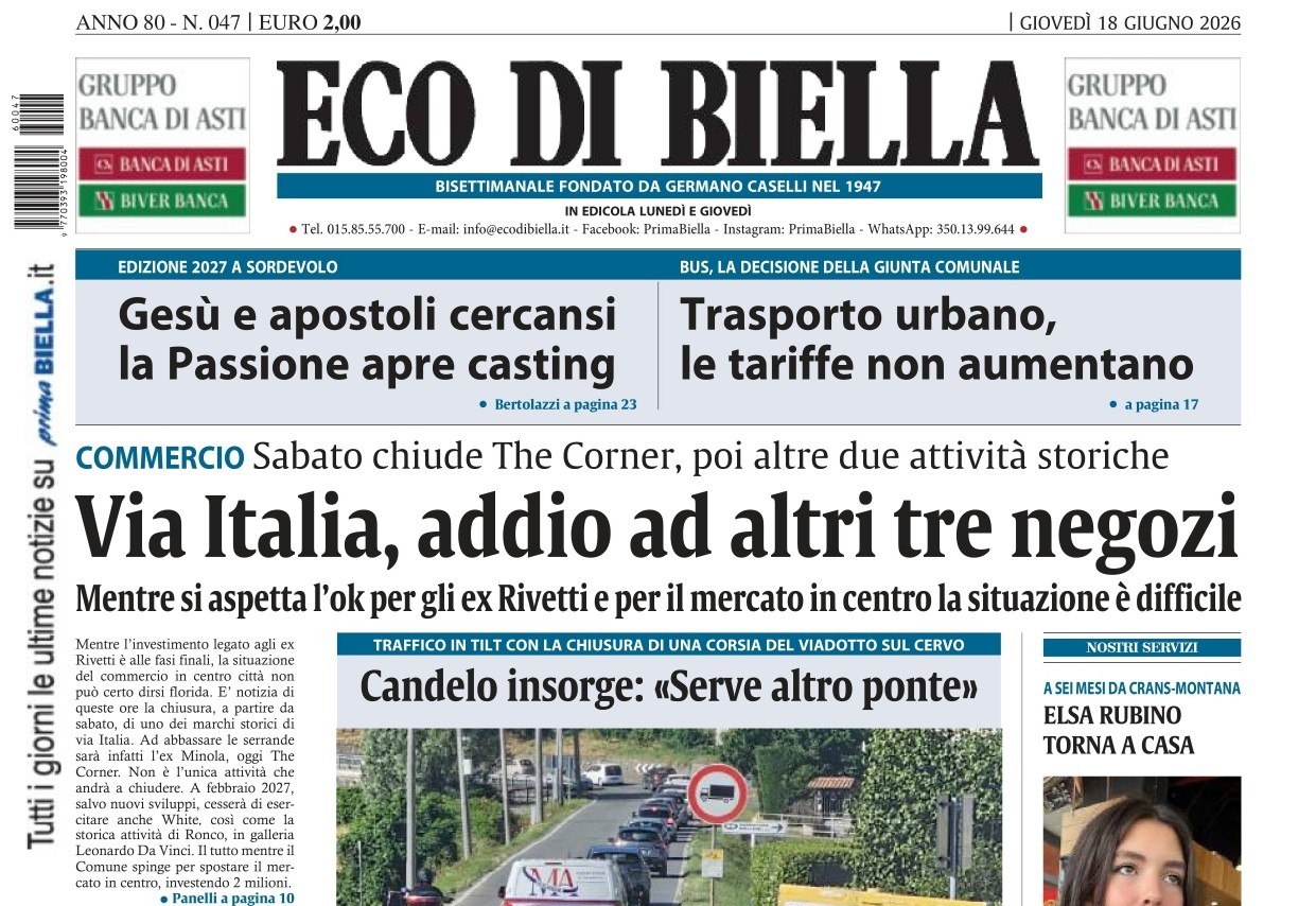 “Via Italia, addio ad altri tre negozi”: la prima pagina di Eco di Biella in edicola oggi