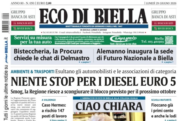 “Niente stop per i diesel Euro 5”: la prima pagina di Eco di Biella in edicola oggi
