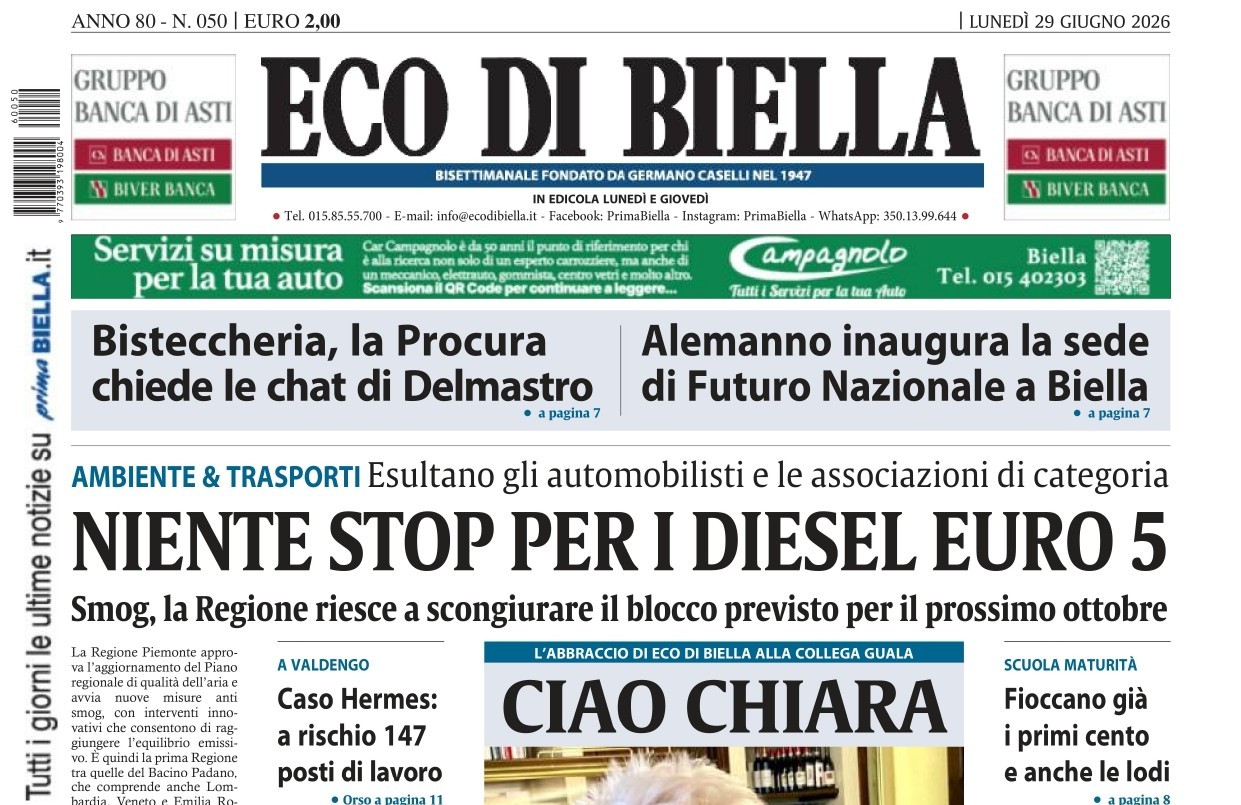 “Niente stop per i diesel Euro 5”: la prima pagina di Eco di Biella in edicola oggi