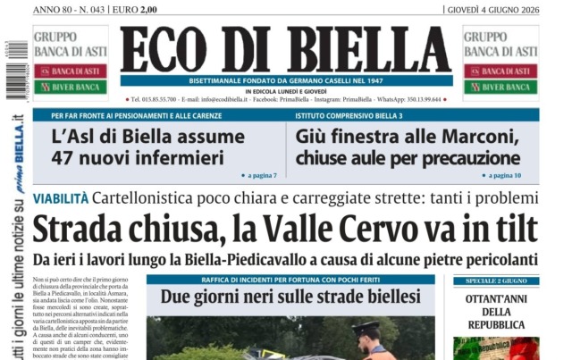 “Strada chiusa, la Valle Cervo va in tilt”: la prima pagina di Eco di Biella in edicola oggi