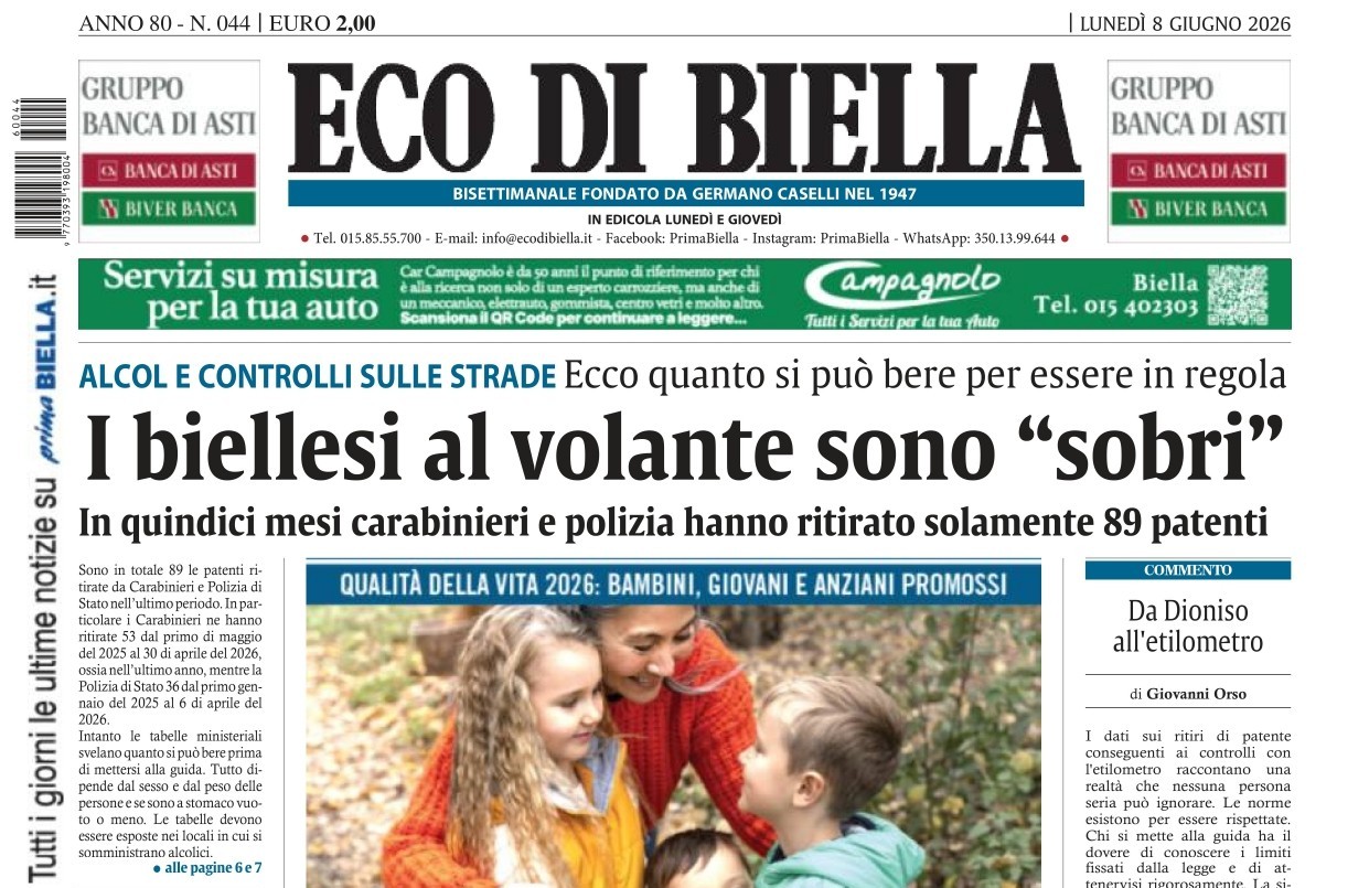 “I biellesi al volante sono ‘sobri'”: la prima pagina di Eco di Biella in edicola oggi