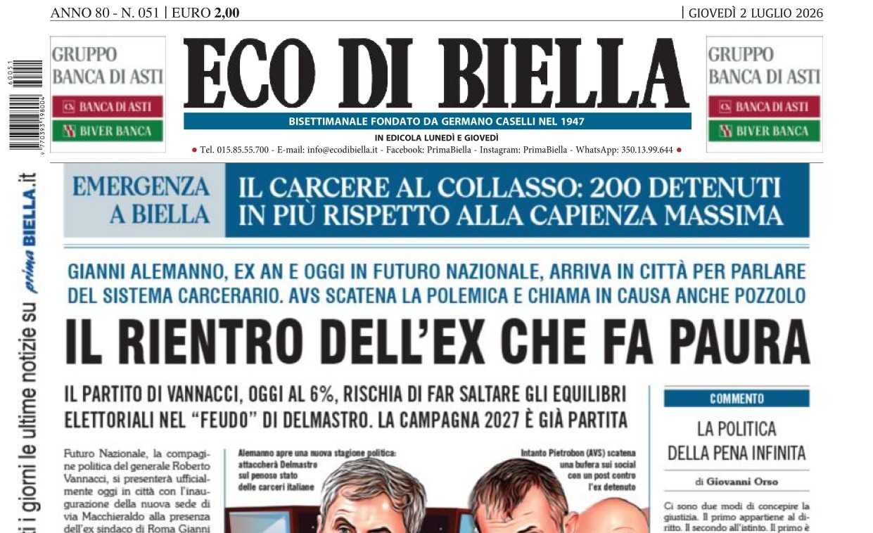 “Il rientro dell’ex che fa paura”: la prima pagina di Eco di Biella in edicola oggi