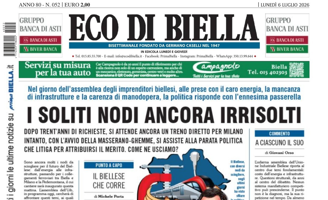 “I soliti nodi ancora irrisolti”: la prima pagina di Eco di Biella in edicola oggi