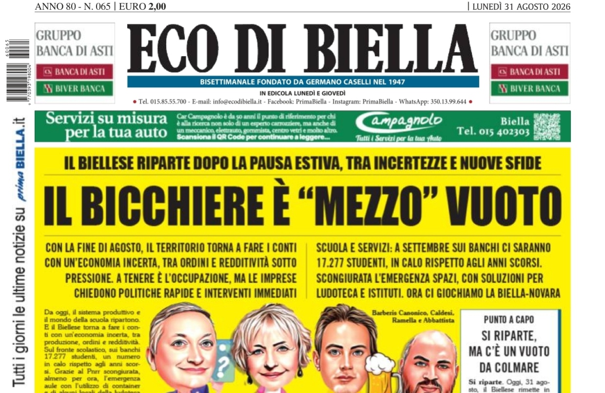 “Il bicchiere è ‘mezzo’ vuoto”: la prima pagina di Eco di Biella in edicola oggi