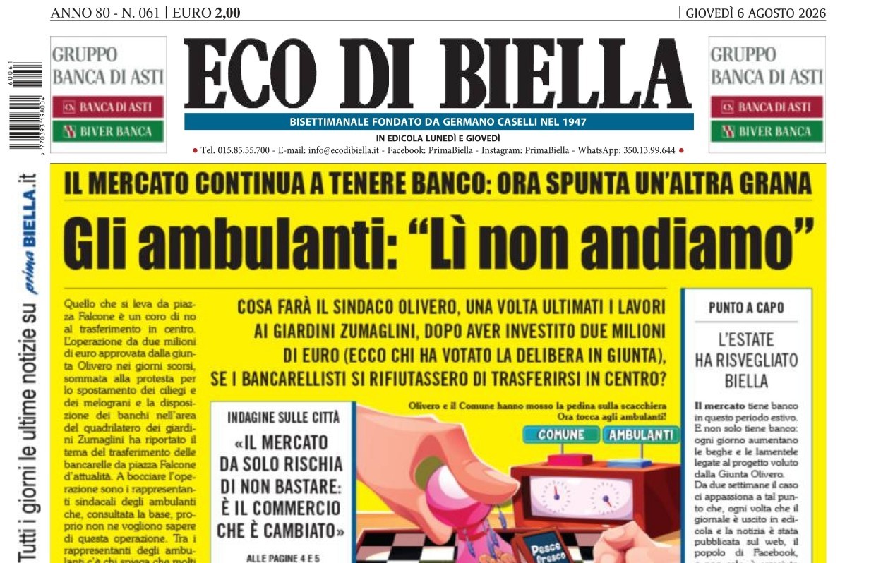 “Gli ambulanti: ‘Lì non andiamo’”: la prima pagina di Eco di Biella