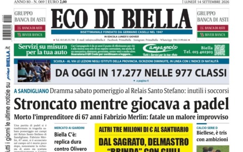 “Stroncato mentre giocava a padel”: la prima pagina di Eco di Biella in edicola oggi