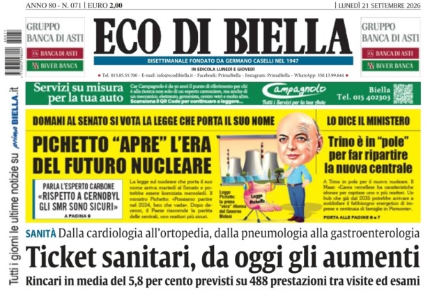 “Ticket sanitari, da oggi gli aumenti”: la prima pagina di Eco di Biella in edicola oggi