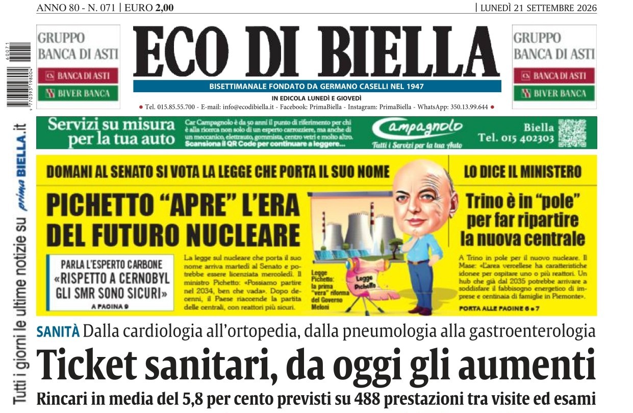 “Ticket sanitari, da oggi gli aumenti”: la prima pagina di Eco di Biella in edicola oggi