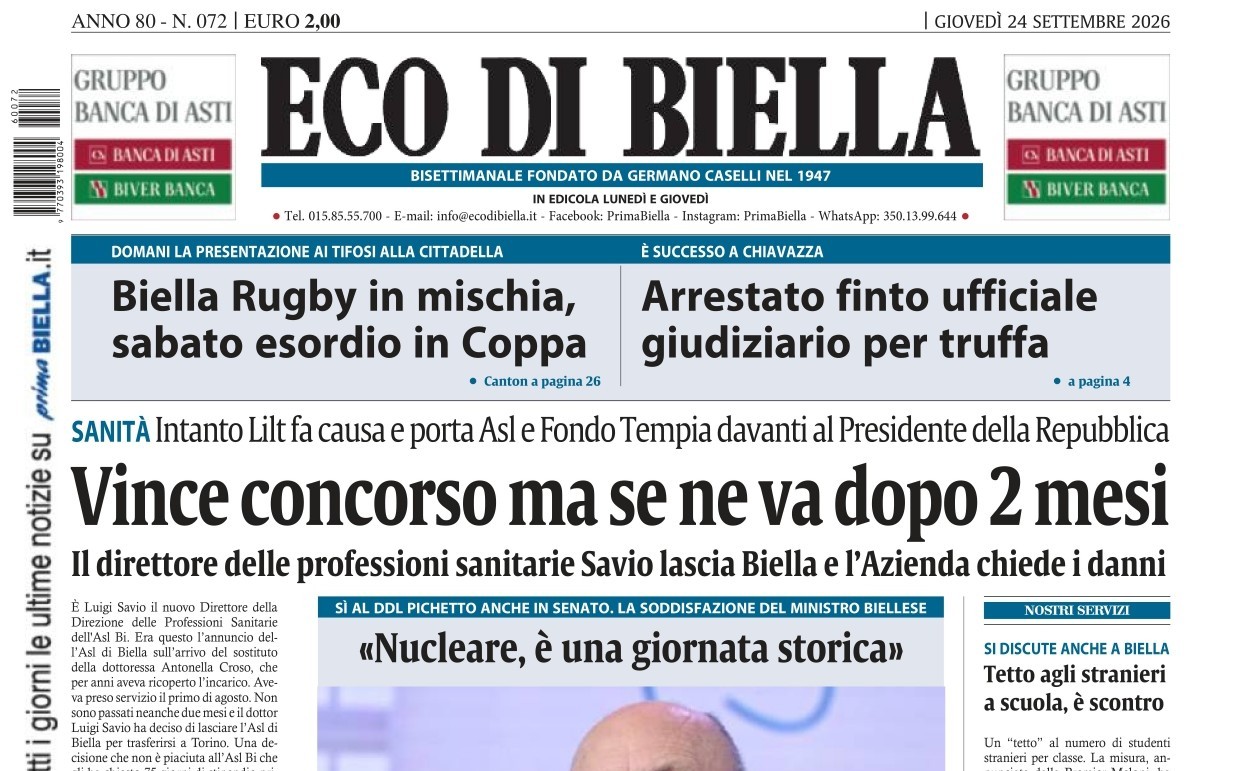 “Vince concorso ma se ne va dopo 2 mesi”: la prima pagina di Eco di Biella in edicola oggi