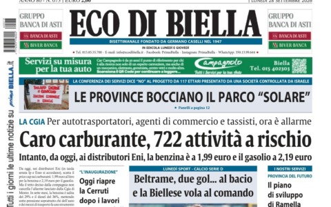 “Caro carburante, 722 attività a rischio”: la prima pagina di Eco di Biella in edicola oggi